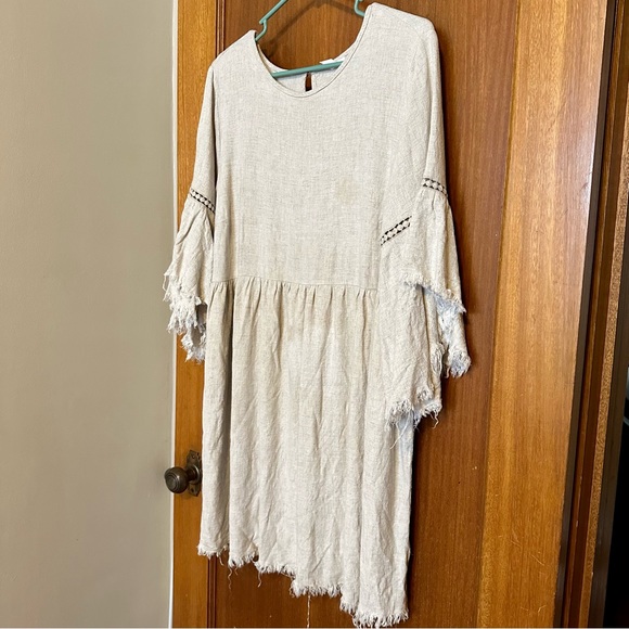 Pinkblush Beige Raw Edge Bell Sleeve Babydoll Maternity Dress - Picture 1 of 4